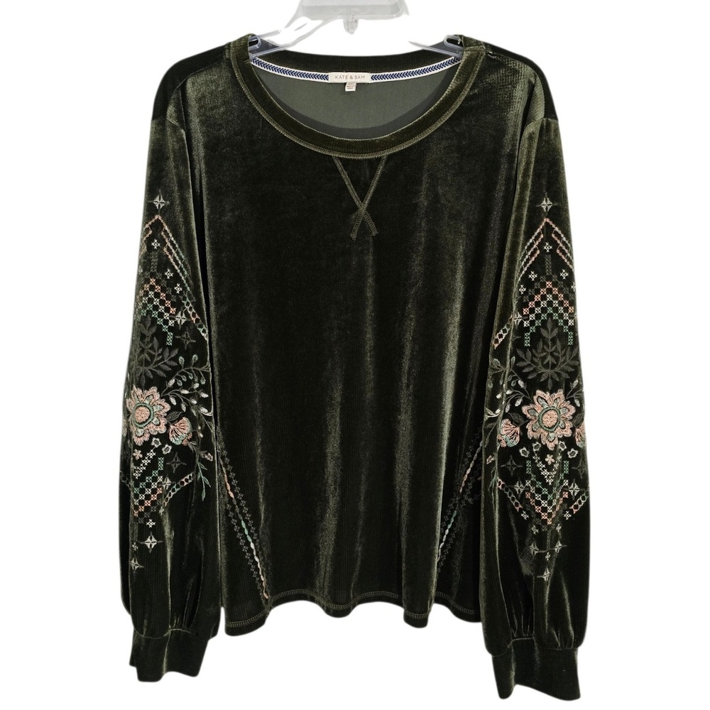 Kate & Sam XXL Olive Green Ribbed Velvet Embroidered Floral Long Sleeve Top Boho